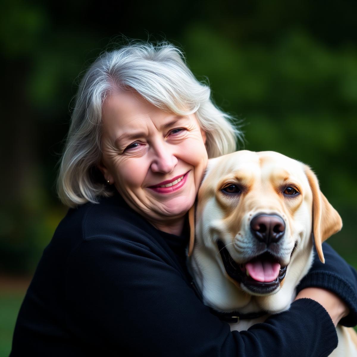 A warm, natural portrait of the trainer smiling with a calm dog beside her