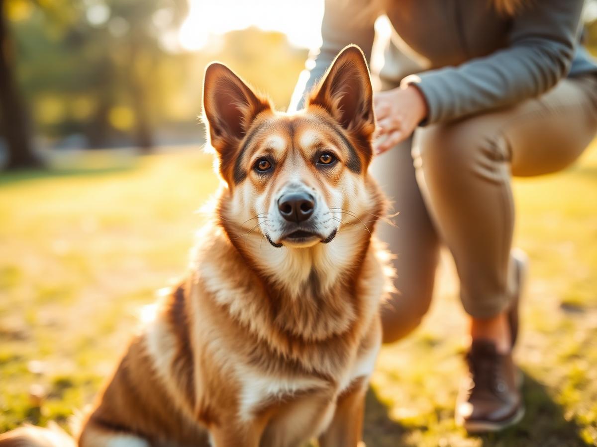 A dog resting quietly while a person kneels alongside