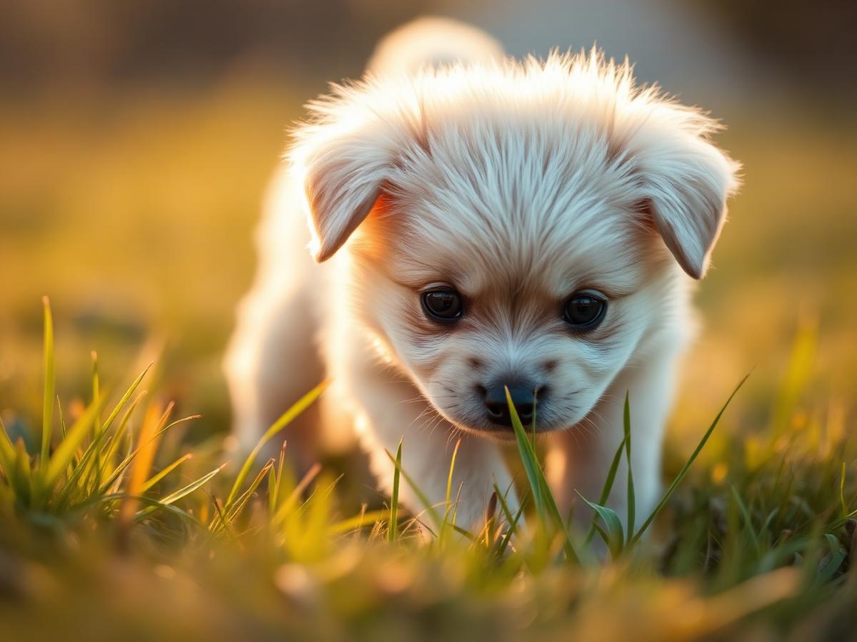 A calm puppy learning gently with a person's hand nearby