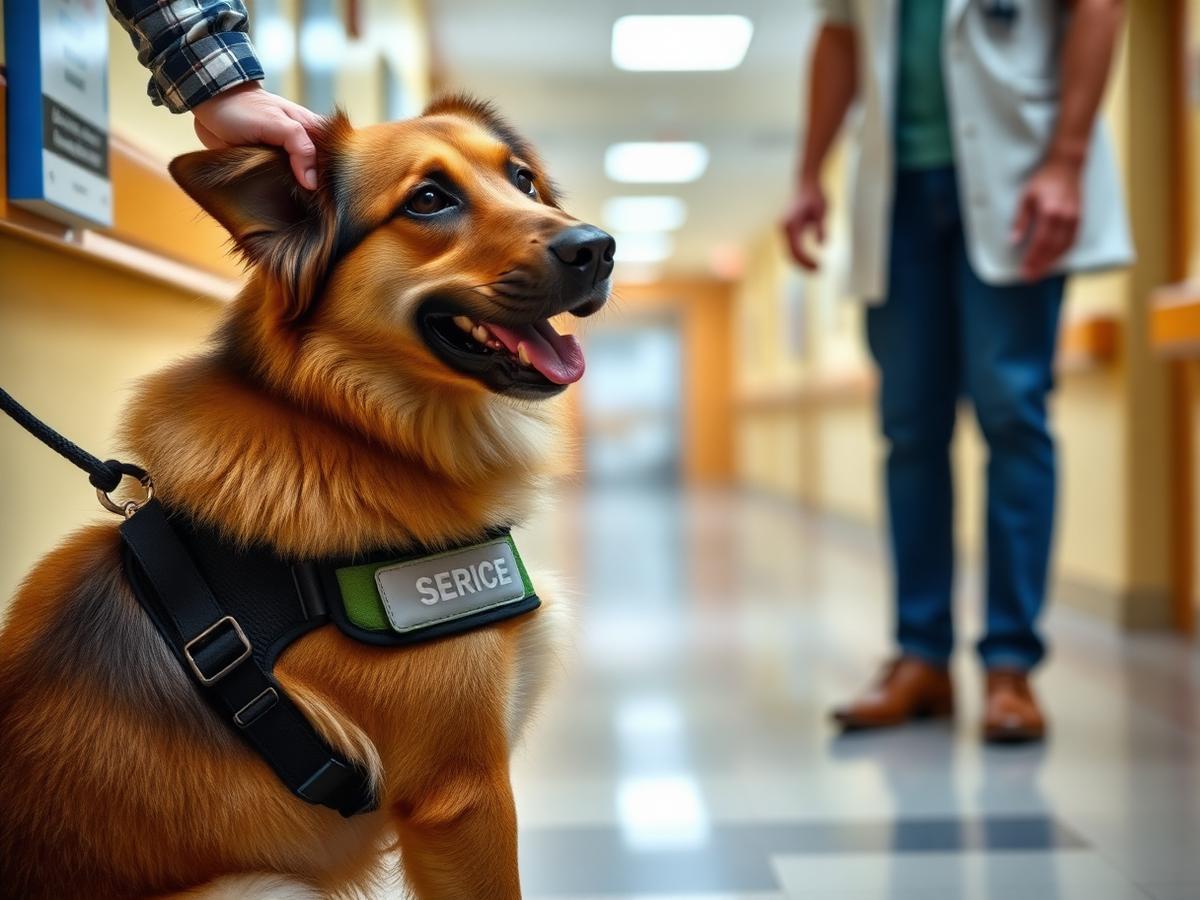 A focused dog wearing a service vest attentively watching its handler