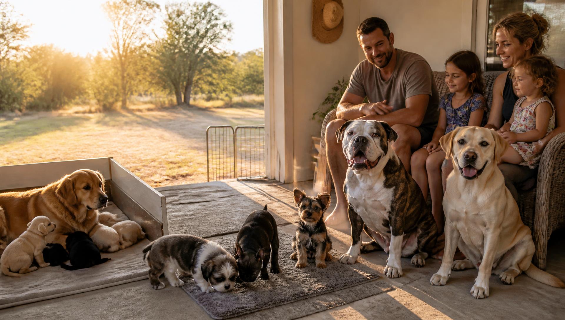 A Golden Retriever mother with newborn puppies, Shih Tzu, French Bulldog and Yorkshire Terrier puppies exploring, and a mature Olde English Bulldogge and Labrador Retriever sitting with their family on a sunlit porch
