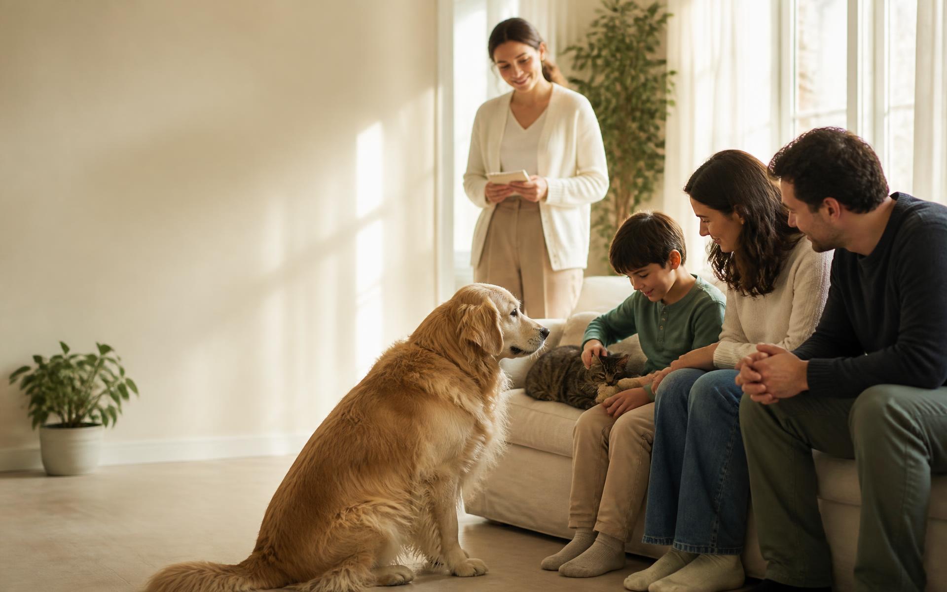 A young family sitting close together while their Golden Retriever meets nose-to-nose with their child, a tabby cat curled on the sofa arm, and a Brain First professional observing warmly from behind in a sunlit ivory room